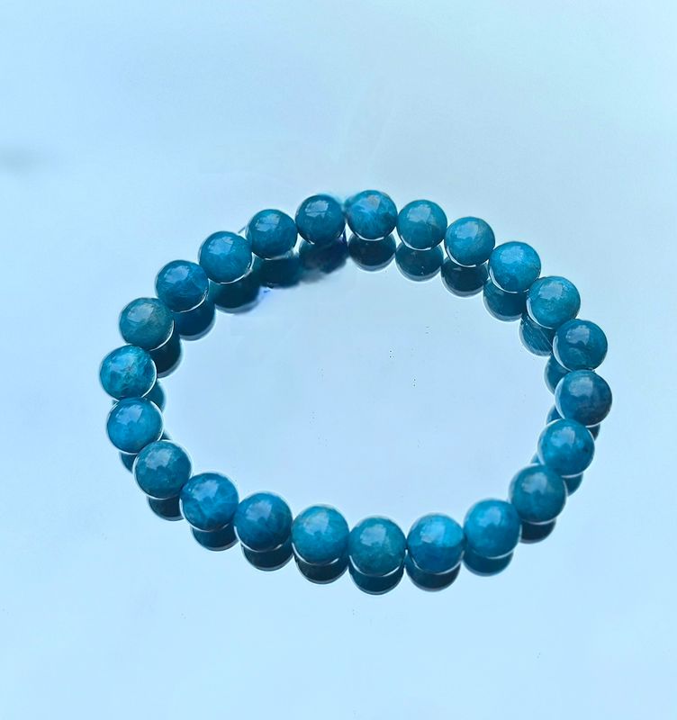 Apatite Crystal Bracelet - Round Bead Natural Stone Blue Shimmer Genuine ±8mm