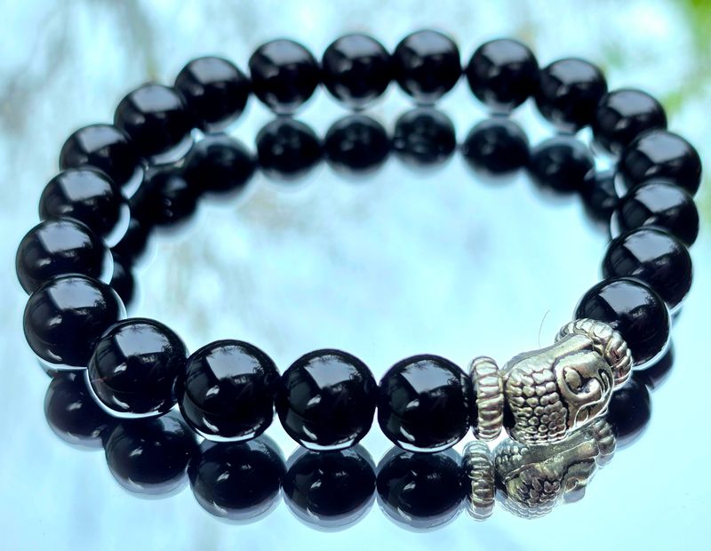 Black Obsidian Natural Stone Bracelet Buddha charm Round bead ±10mm