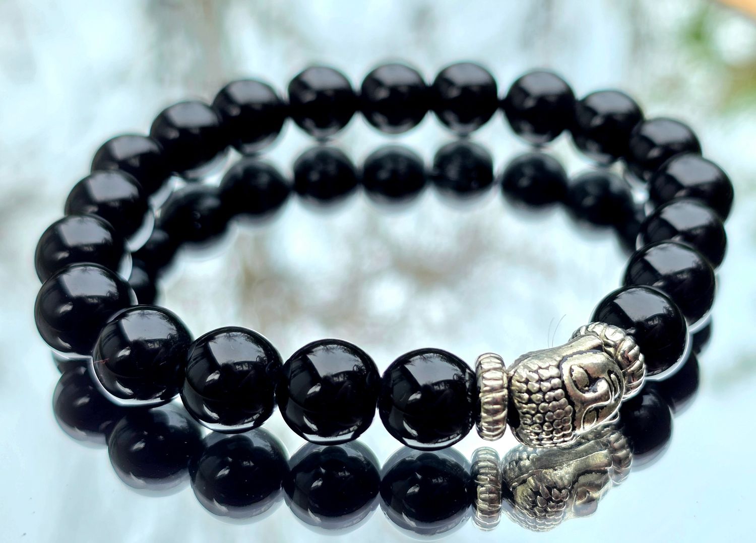 Black Obsidian Natural Stone Bracelet Buddha charm Round bead ±10mm