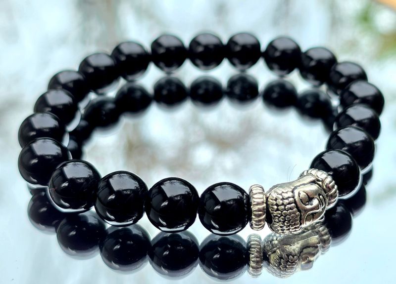 Black Obsidian Natural Stone Bracelet Buddha charm Round bead ±10mm