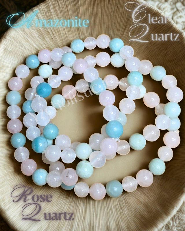 "TRANQUIL HARMONY" Bracelet - Rose Quartz Amazonite Clear Quartz Round Bead Elastic Crystal ±8mm 