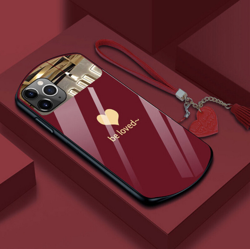 Luxury Cute Oval Smile Tempered Glass Phone Case For iPhone, Color: Red - With Lanyard, Model: Iphone13 Promax