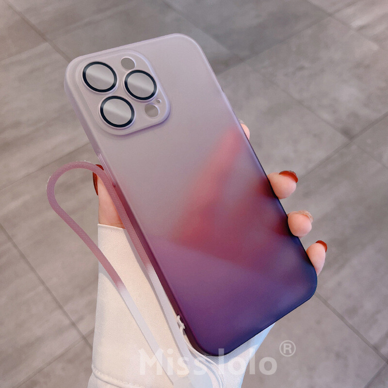 Ultra-thin frosted gradient hard Case comes with glass lens protection with Strap (Logo Optional), Color: Purple (with lanyard), Model: Iphone14 pro max
