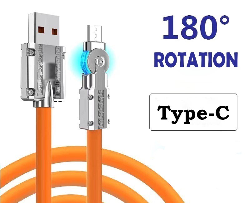 Fast Charging 120W Silicone  Data Cable USB-C or Lightning  that turns 180 Degrees