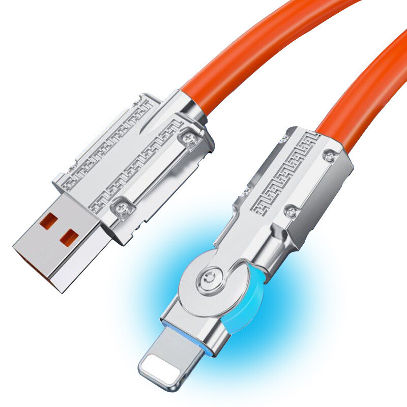 Fast Charging 120W Silicone Data Cable USB-C or Lightning that turns 180 Degrees, Color: 1M For iPhone, Model: Orange 180-degree swivel head