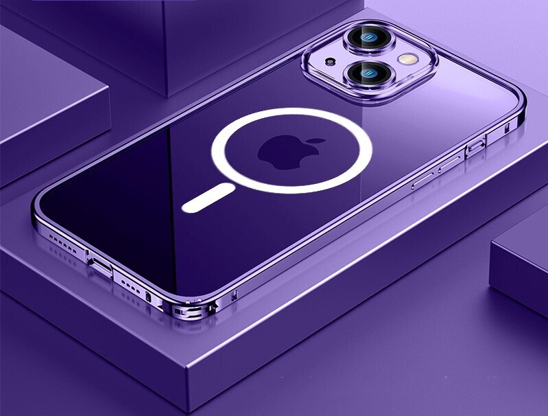 Metal Frame Transparent Backplane with MagSafe., Color: Purple, Model: iPhone 14 Pro Max