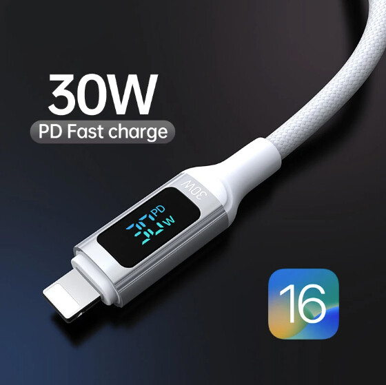 Digital Display 30W PD USB C Cable For iPhone., Length: 1.2 Meters, Color: White