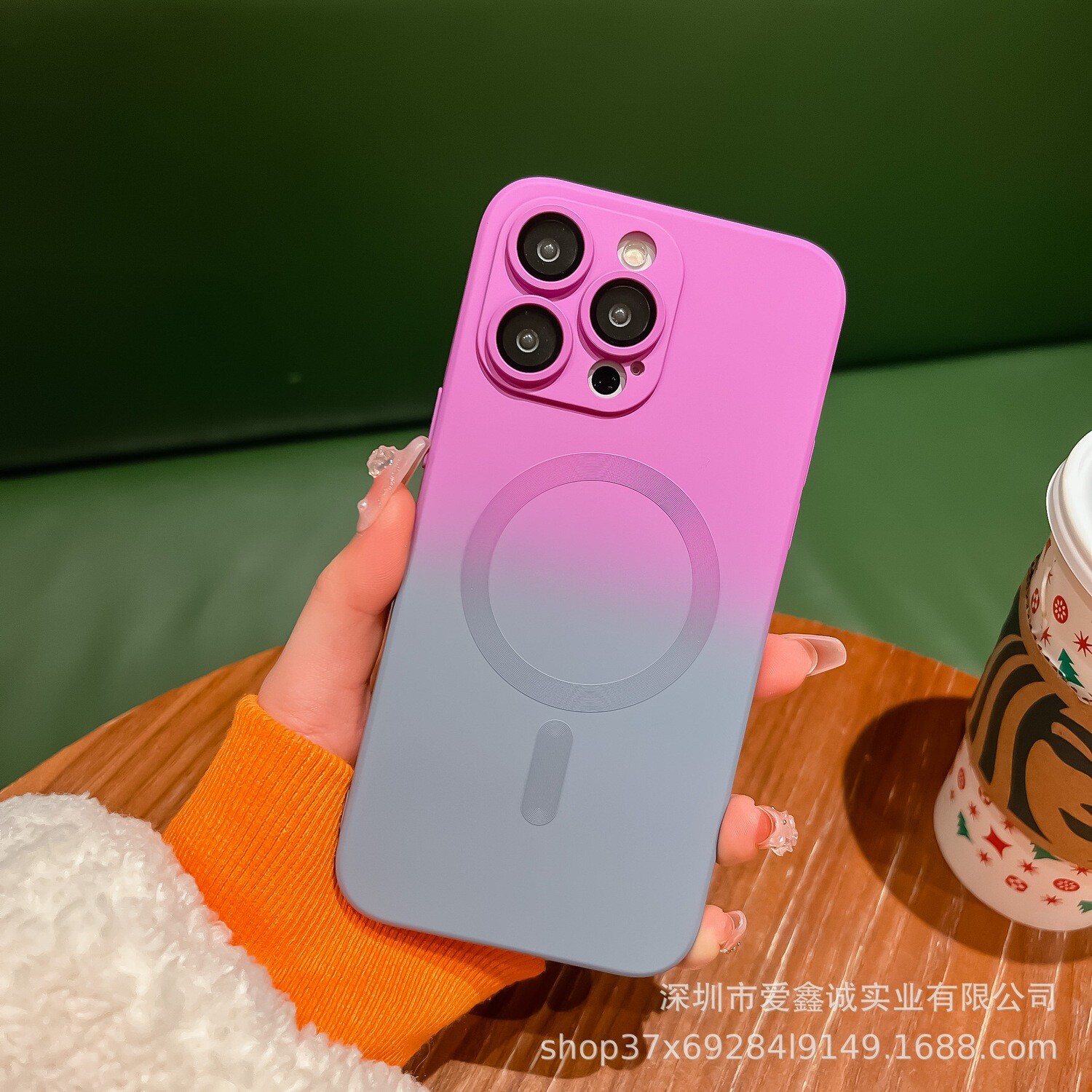 Ultra-thin MagSafe Gradient With Lens Film iPhone Case. [Logo Optional], Model: iPhone 14 Pro Max, Color: Purple Gray
