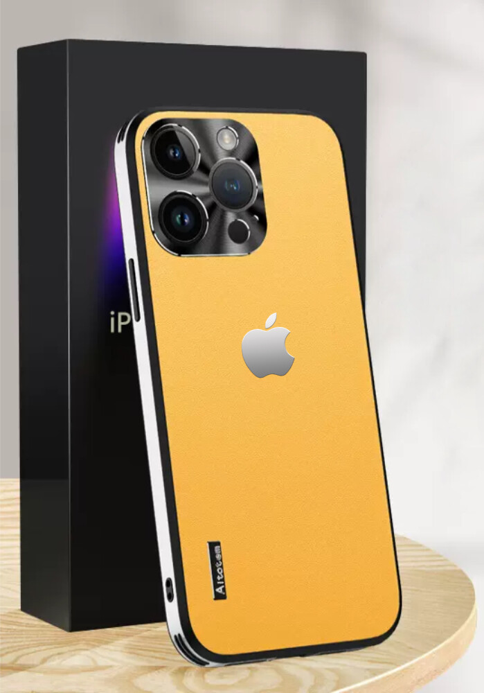Delicate Leather Texture and  CD Pattern Metal Lens Case for iPhone [Logo Optional], Color: Mustard Yellow, Model: iPhone 14 Pro Max
