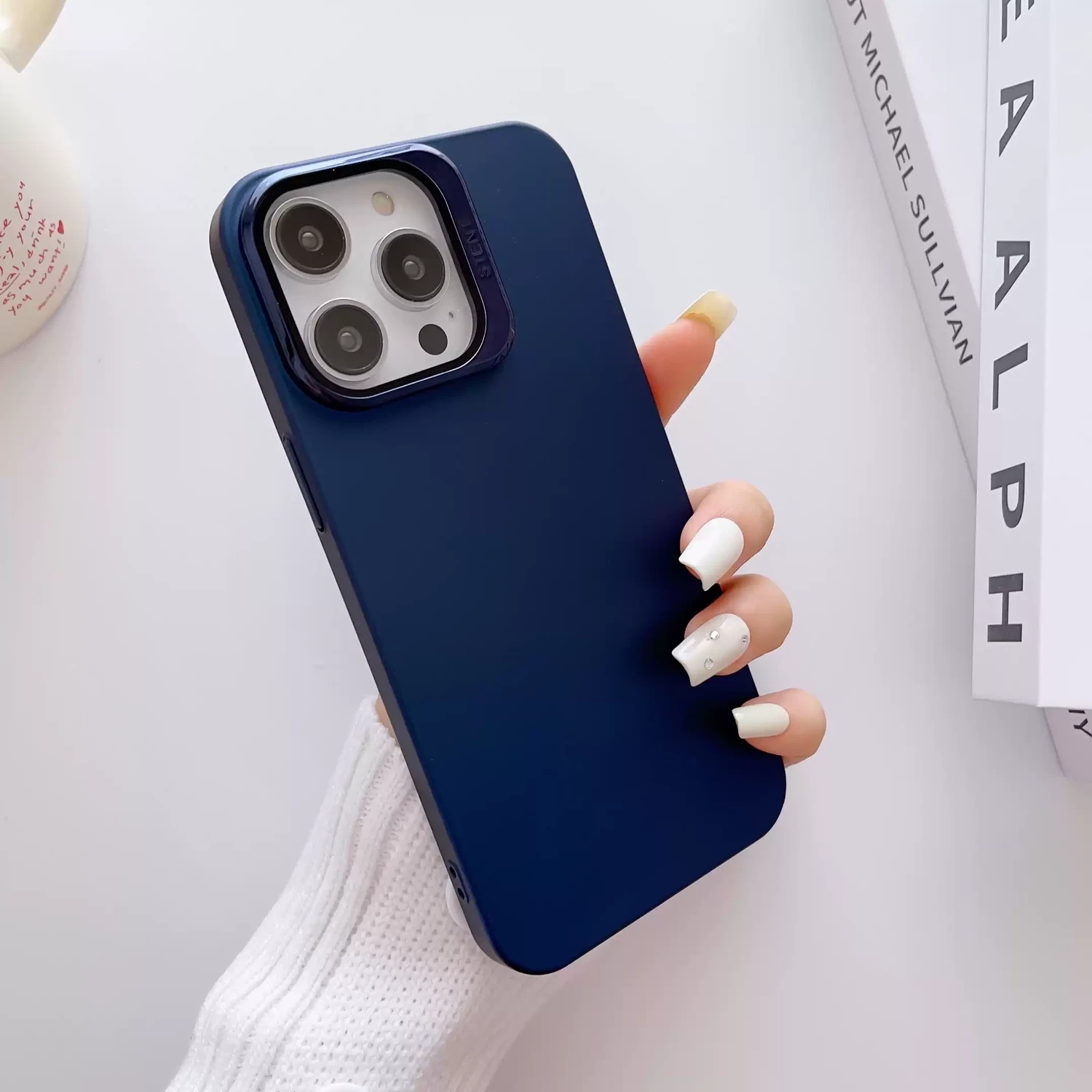 Hidden Bracket Frosted ant Transparent Cases For iPhone [Logo Optional], Color: Dark Blue, Model: iPhone 14 Pro Max