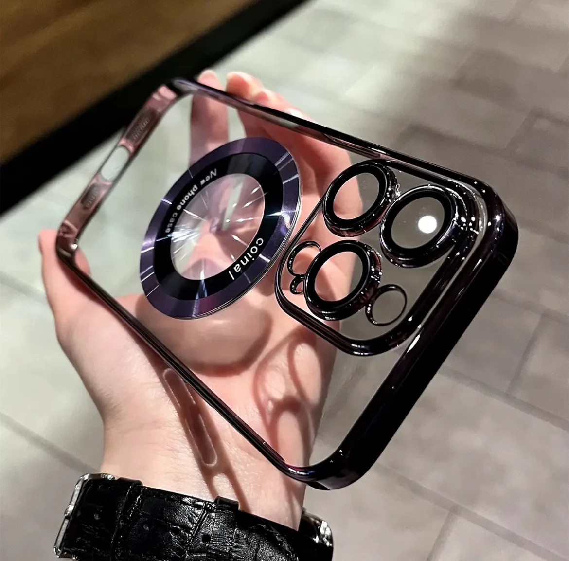 Transparent MagSafe Leakage Label With Convex Mirror iPhone Case, Model: iPhone 14 Pro Max, Color: Dark Purple