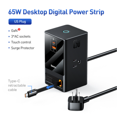 Awesome 65W Power Combo Digital Desktop Charger Power Strip Retractable-C 65W Fast Charger For Laptop Phone Quick Charger