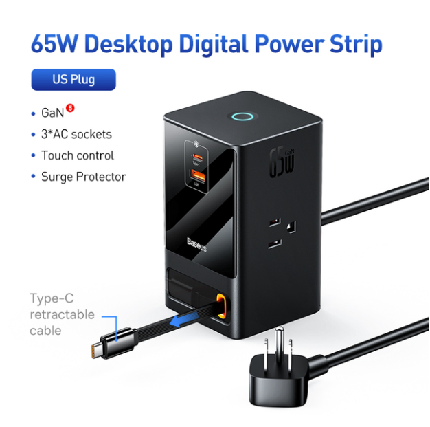 Awesome 65W Power Combo Digital Desktop Charger Power Strip Retractable-C 65W Fast Charger For Laptop Phone Quick Charger, Applicable model: 3AC US Version AC 100-120V~