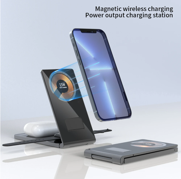4 in 1 Magnetic Wireless Charging Station for iPhone Apple Watch AirPods Charger Holder Folding Portable Phone MagSafe Charge Qi, Model: Magnetic folding bracket (4 in 1) wireless charging