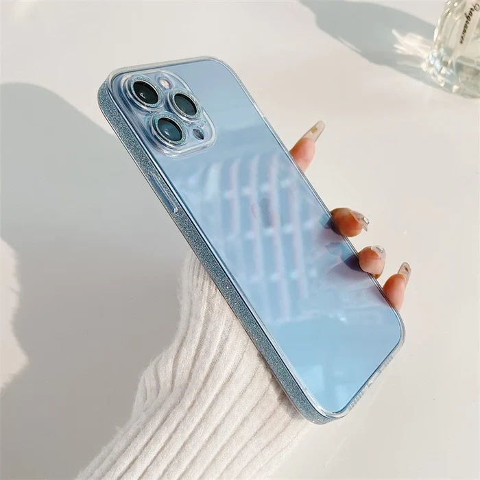 Side Sparkly Crystal Clear iPhone Case With CAMERA Protector, Color: Sky blue, Model: Iphone 14 pro max