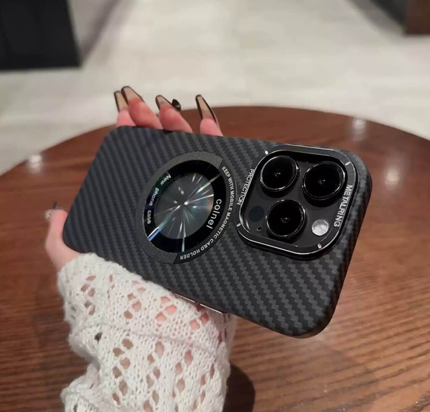 The new carbon fiber pattern dew label magnetic suction iPhone Case, Model: iPhone 14 ProMax, Color: Black