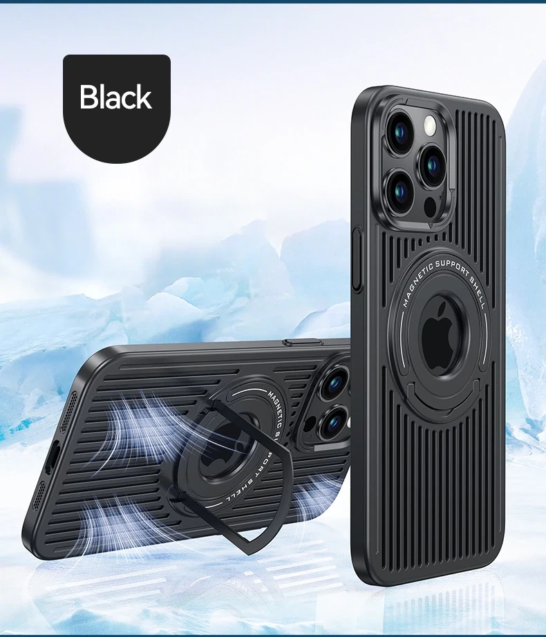 Hidden Stand Ring Holder MagSafe Heat Dissipation iPhone Case, Model: Iphone 14 pro max, Color: Black