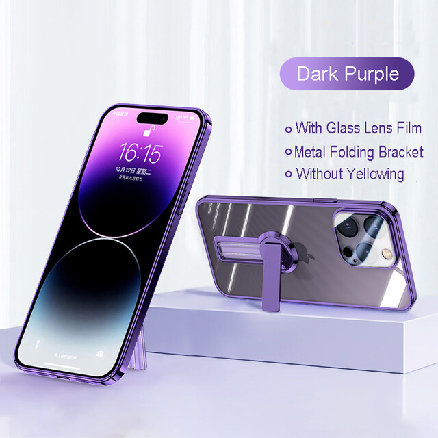 360 Rotation Transparent Non-yellowing Electroplating Edge iPhone Case, Model: Iphone 12 pro max, Color: Transparent purple edge [integrated rotating bracket]
