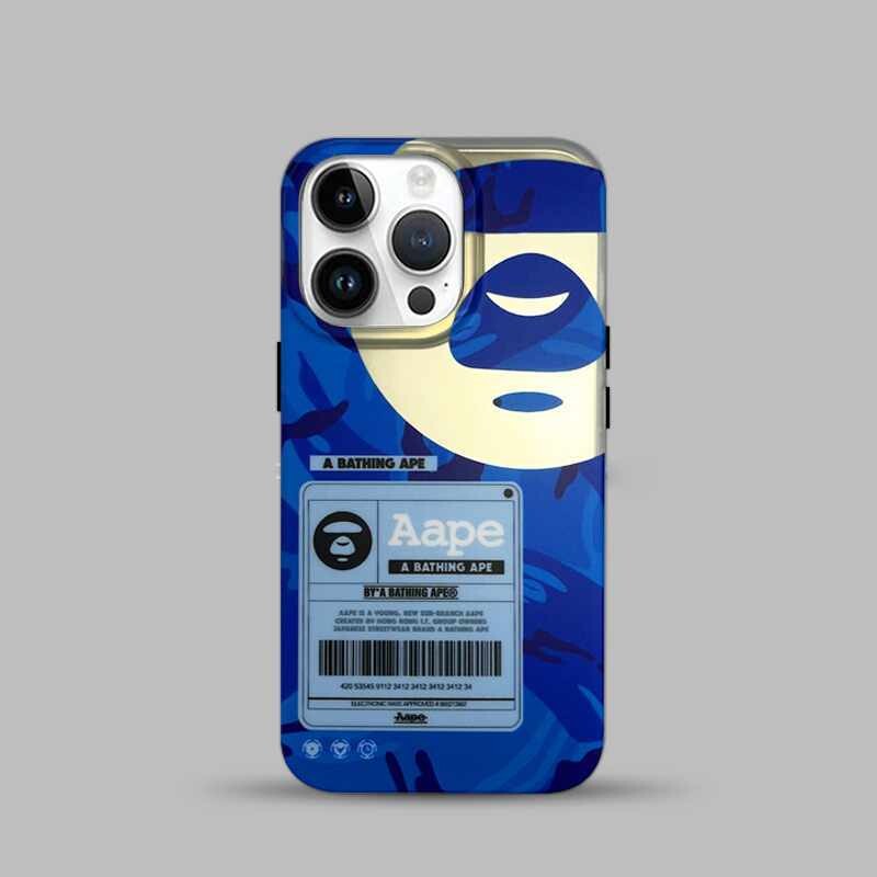 High-end Hot Silver Bathing AAPE Ape iPhone Case, Model: Iphone 14 pro max, Color: Double-sided large hole high-grade bronzing blue-bottomed ape-man head