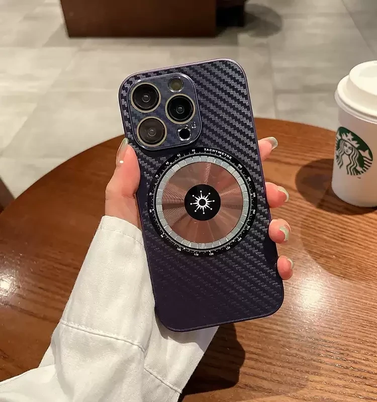 Carbon Fiber Pattern Copper Ring Magnetic iPhone Case, Color: Dark purple, Model: iPhone 14 Pro Max