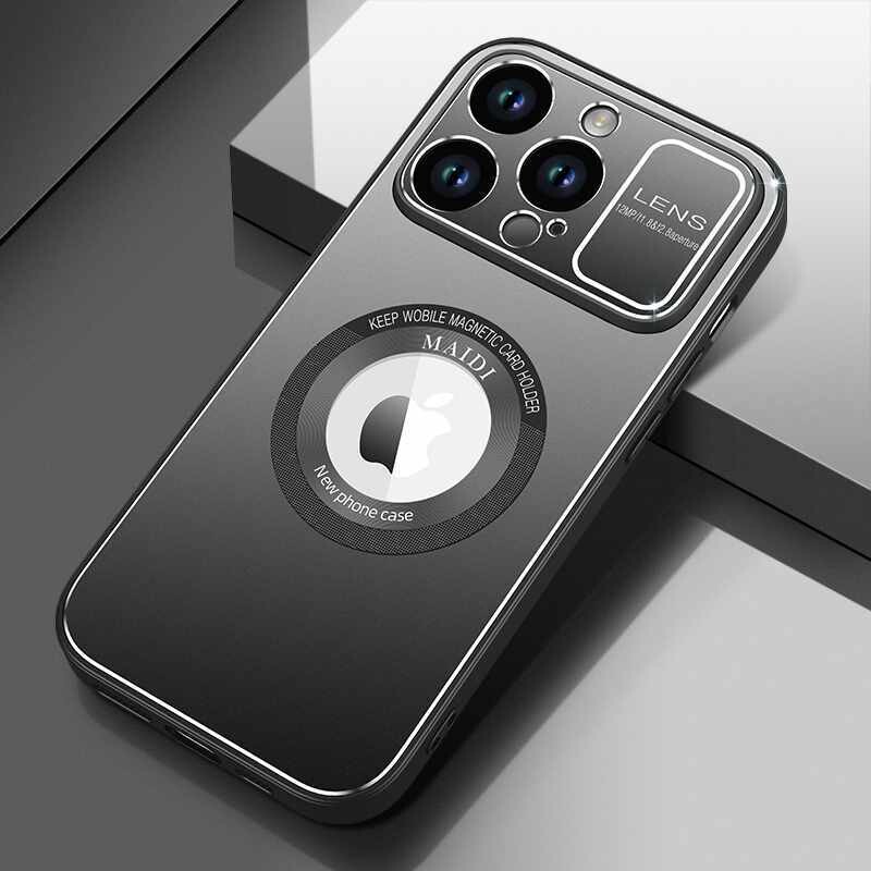 Large Window Mobile Phone Case Magnetic Suction Metal With Lens Film  All-inclusive iPhone Case, Color: Graphite black [metal back panel], Model: Iphone 14 pro max