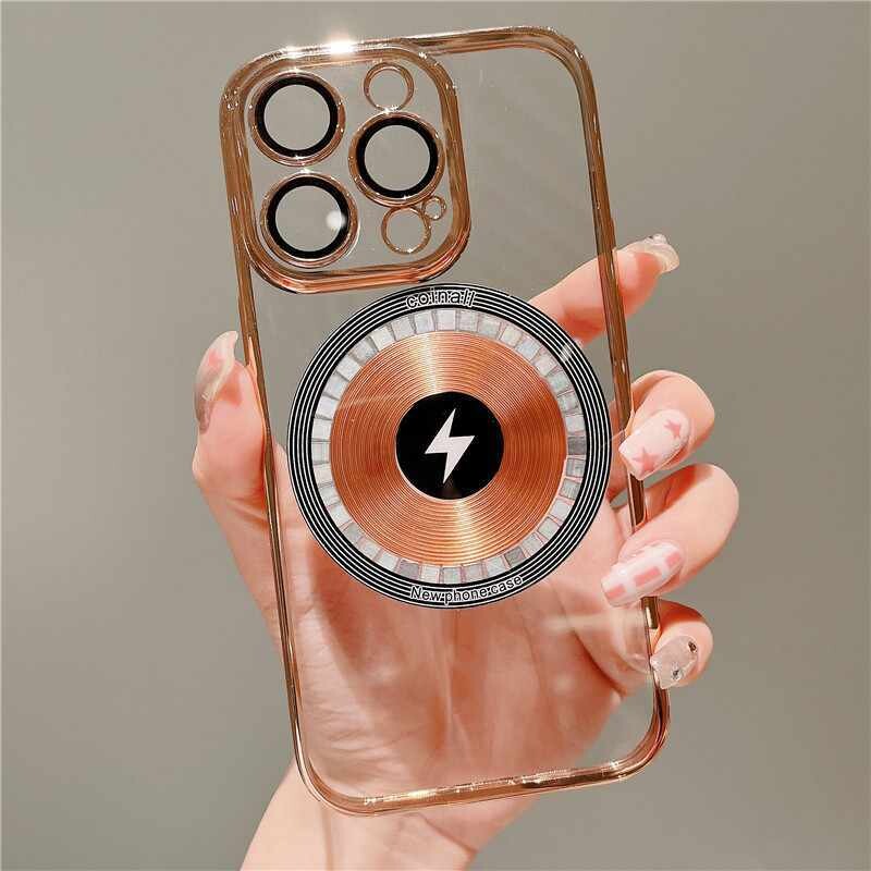Electroplating PC Copper style Ring Magnetic Suction High Lens Head Film iPhone Case, Model: Iphone14pro max, Color: Golden