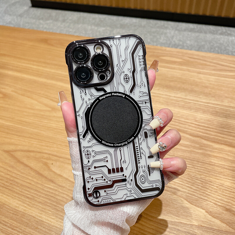 Borderless Circuit Board Magnetic Suction Heat Dissipation Without Frame Transparent Hard Protective Case, Models: Iphone 11 pro max, Color: Black