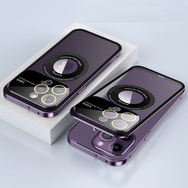 Missing Label Magnetic Suction Big Window Snap Button King iPhone Case., Color: Dark purple, Model: iPhone 14 Pro Max