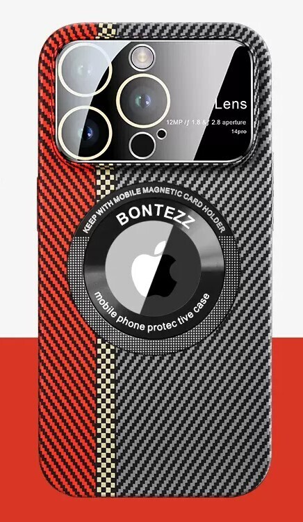Missing Label Magnetic Suction Carbon Fiber Pattern Large Window iPhone Case, Color: Red green black, Model: Iphone14