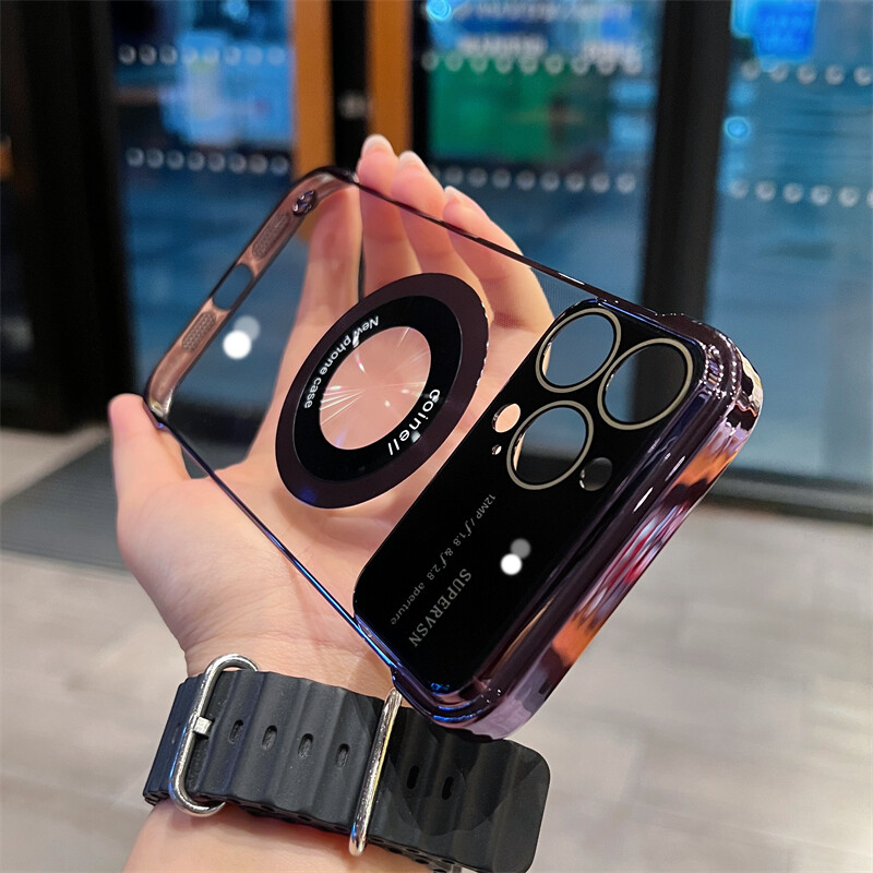 Borderless Goggles Magsafe Electroplating New Large Window iPhone Case, Color: Double-circle magnetic model [dark purple], Model: Iphone 14 pro max