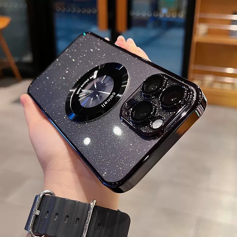 Flash Powder Transparent  Magnetic Suction Magnifying Glass iPhone Case., Color: Black, Model: Iphone14promax