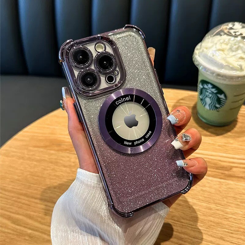 Flash Powder Electroplating Four-corner Anti-fall Magnetic Suction iPhone Case, Color: Deep purple, Model: Apple 11
