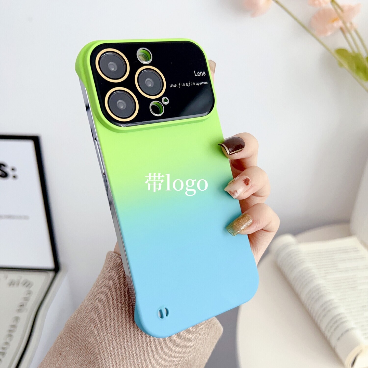 Frameless Large Window Goggle Gradient Skin Matte iPhone Case, Color: Blue+logo, Model: Iphone 14promax
