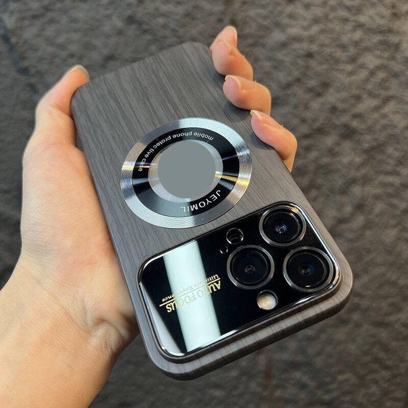 The New Wood Grain Large Window Goggle  Missing Label Magnetic Suction Protective iPhone Case, Color: Elegant gray, Model: Iphone14promax
