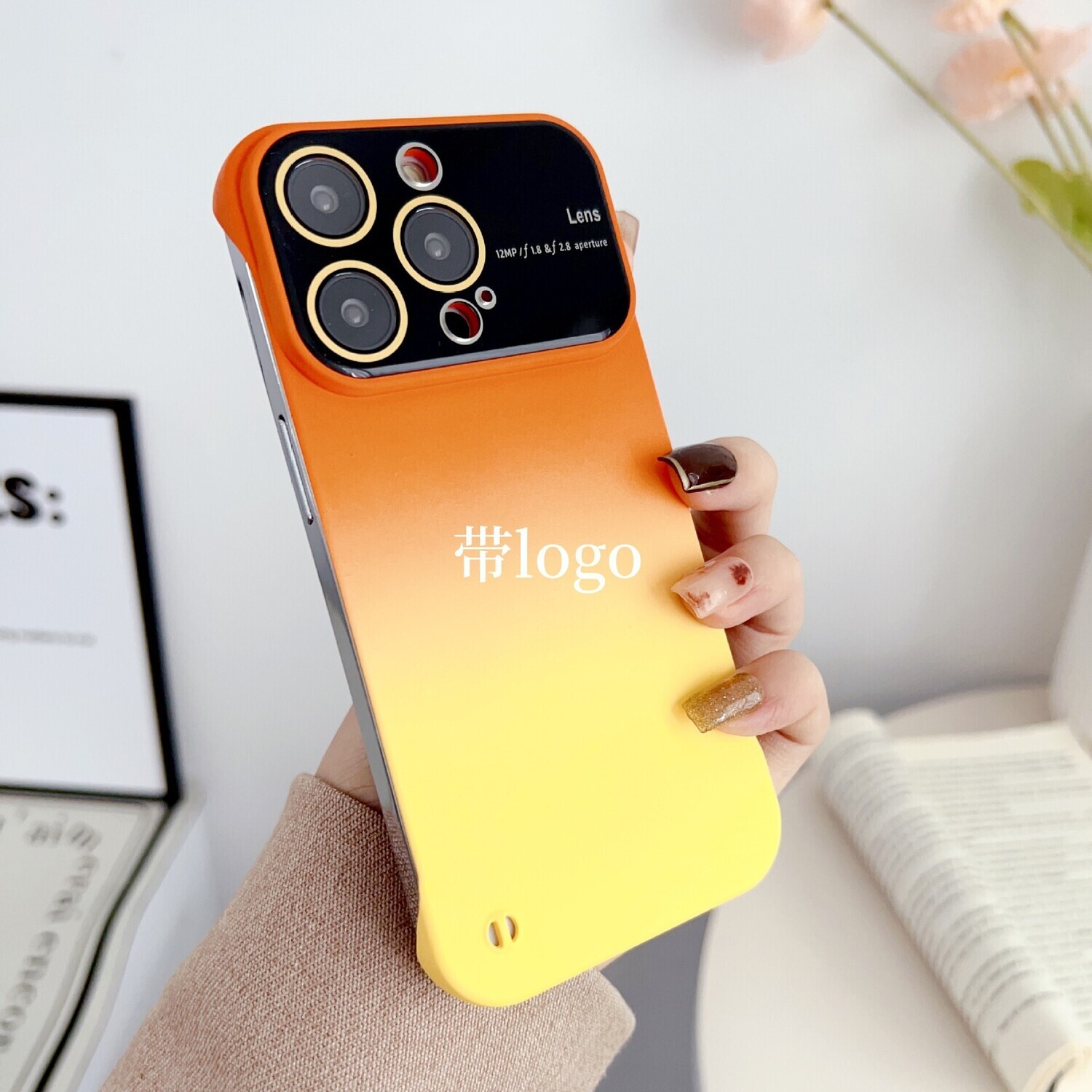 Large Window Borderless Ultra-thin gradient color borderless with HD lens film iPhone Case (with Logo), Color: Orange+logo (two-color gradient-borderless large window shell), Model: Iphone 14promax