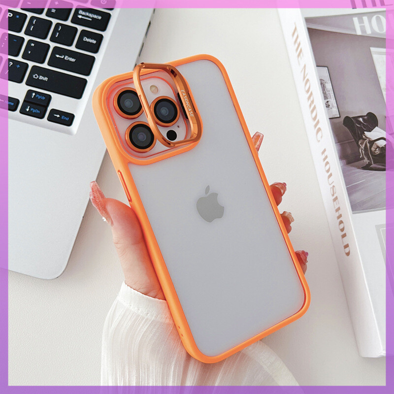 Hidden Bracket With Lens Film All-inclusive Drop-proof Protective iPhone Cover, Color: Orange, Model: iPhone 14 Pro Max