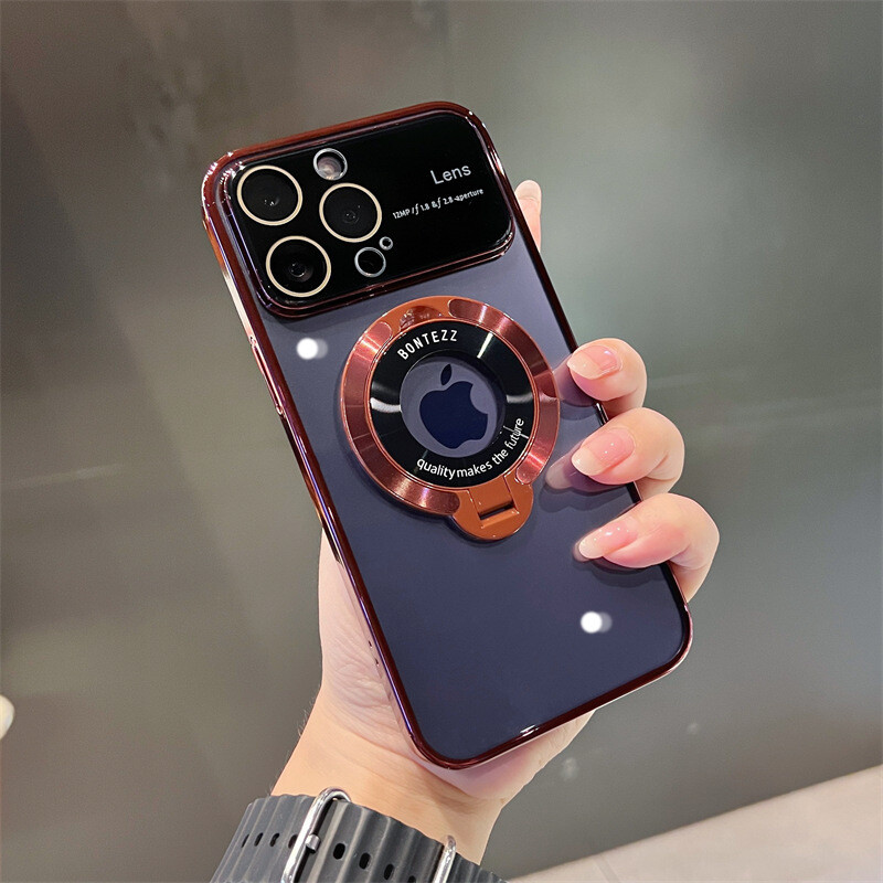 Transparent Magnifying Glass Window Magnetic Suction Bracket Protective Cover, Color: Burgundy red, Model: Iphone 14pro