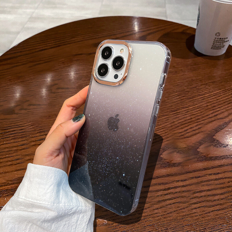 Transparent Gradient Flash Powder  Metal Lens Ring iPhone 15 Case