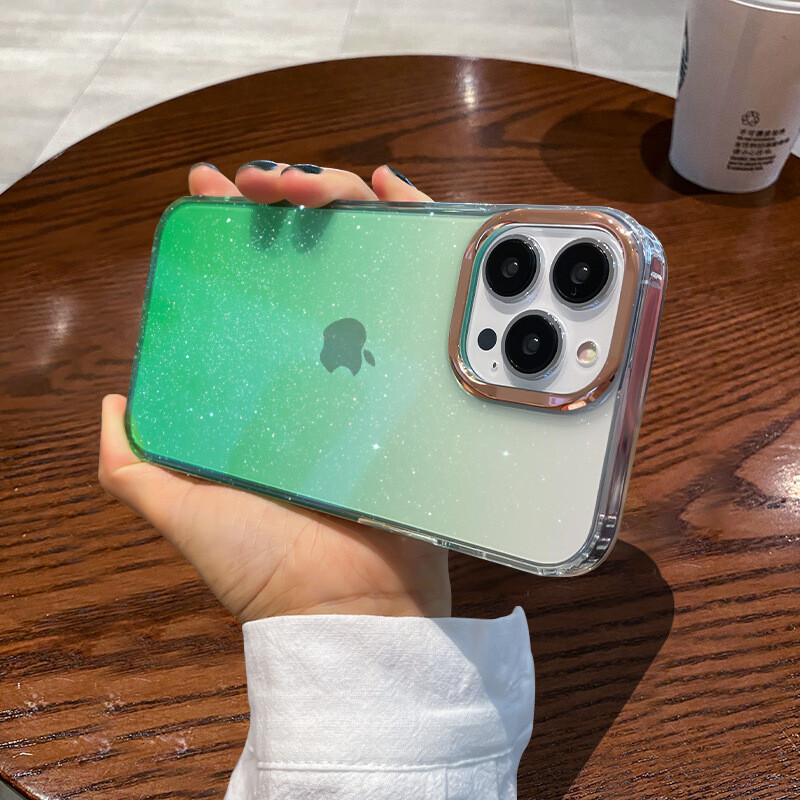 Transparent Gradient Flash Powder  Metal Lens Ring iPhone 15 Case, Color: Gradient green, Model: Iphone14pro