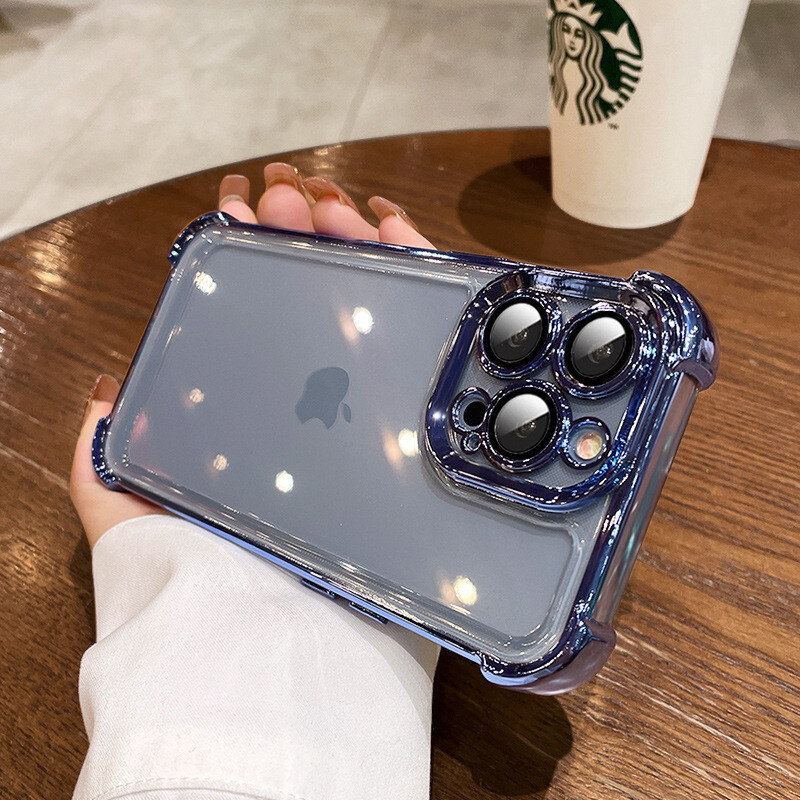 Electroplated Four-corner Airbag With Lens Film iPhone Case, Color: Yuanfeng blue【with lens film】, Model: Iphone14pro