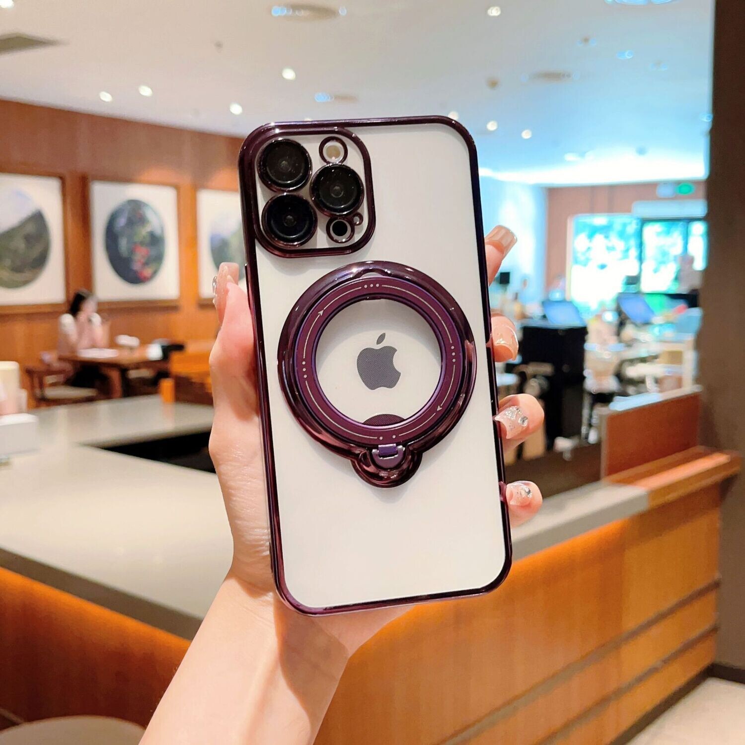 Electroplating with Transparent back and Magnetic Suction Rotating Bracket iPhone Case, Color: Bright shield rotating bracket-purple, Model: Iphone xsmax