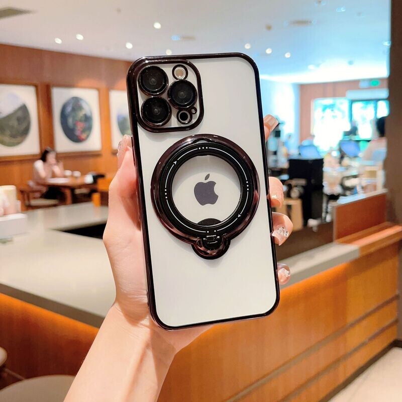Electroplating with Transparent back and Magnetic Suction Rotating Bracket iPhone Case