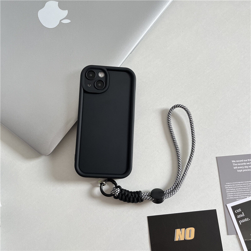 Simple Matte Solid Color with Lanyard Anti-lost iPhone Case, Color: Fine hole black+hand strap, Model: Iphone 14promax