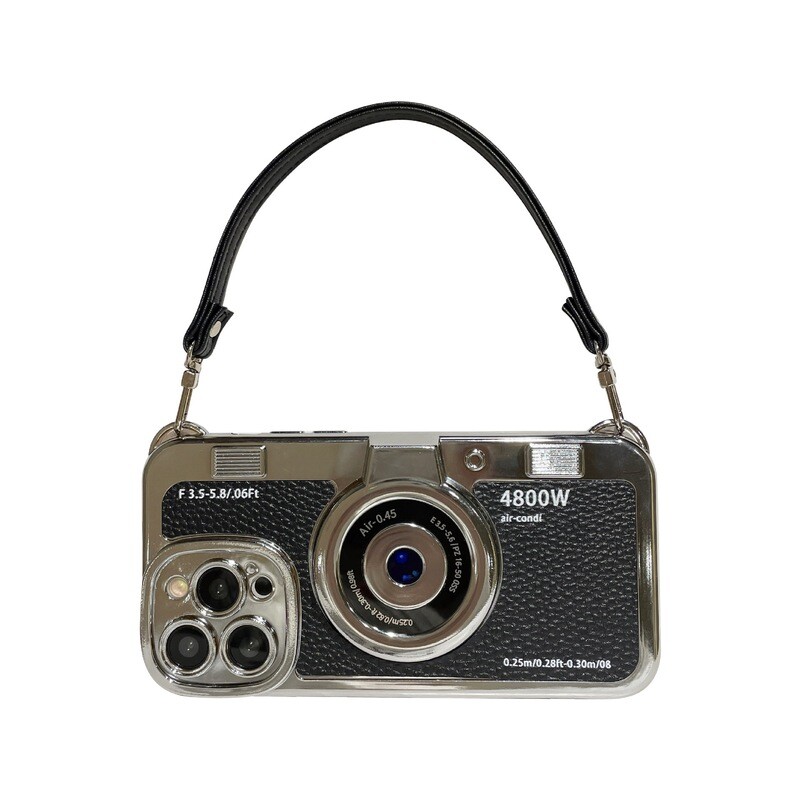 Electroplating Camera Litchi Pattern with a strap Solid Color Soft iPhone Case