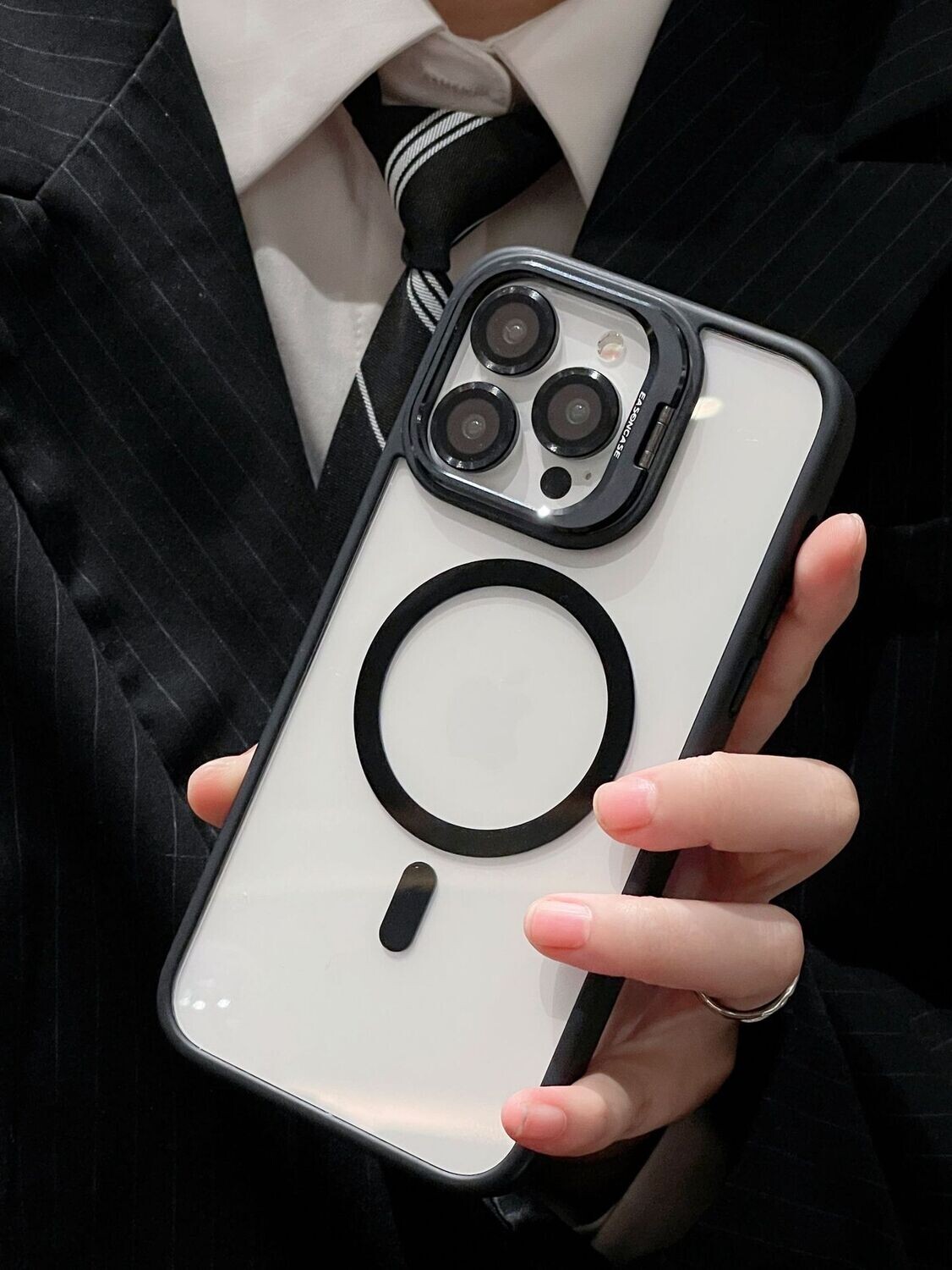 Invisible Bracket With Magnetic Suction with the Same Color Lens Film iPhone Case, Color: Black, Model: Iphone 15promax