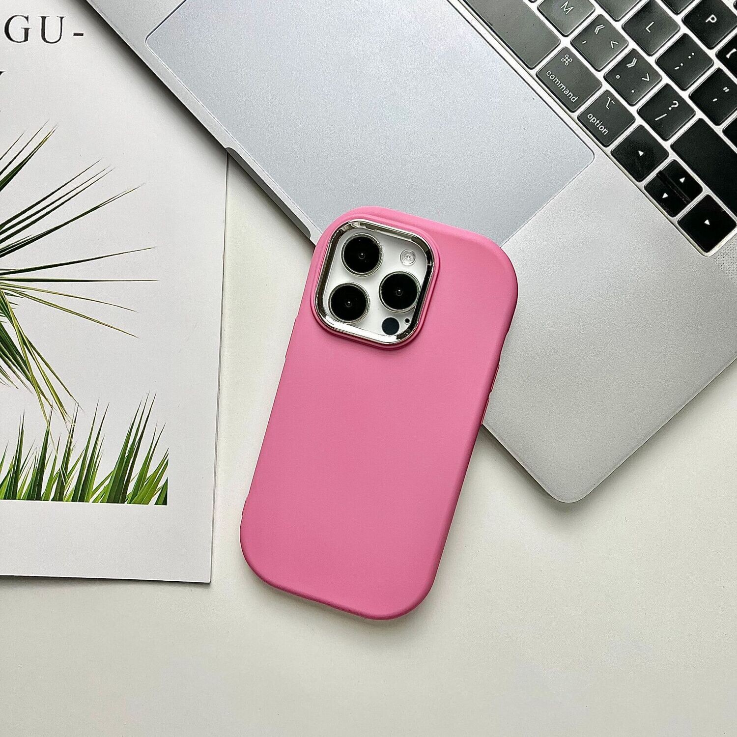 Solid Color Liquid Silicone Electroplated Mirror Ring iPhone Case, Color: Rose red, Model: iPhone 15 ProMax