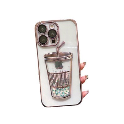 Electroplated Quicksand Drink Cup Transparent Soft Case With Lens Film iPhone Case