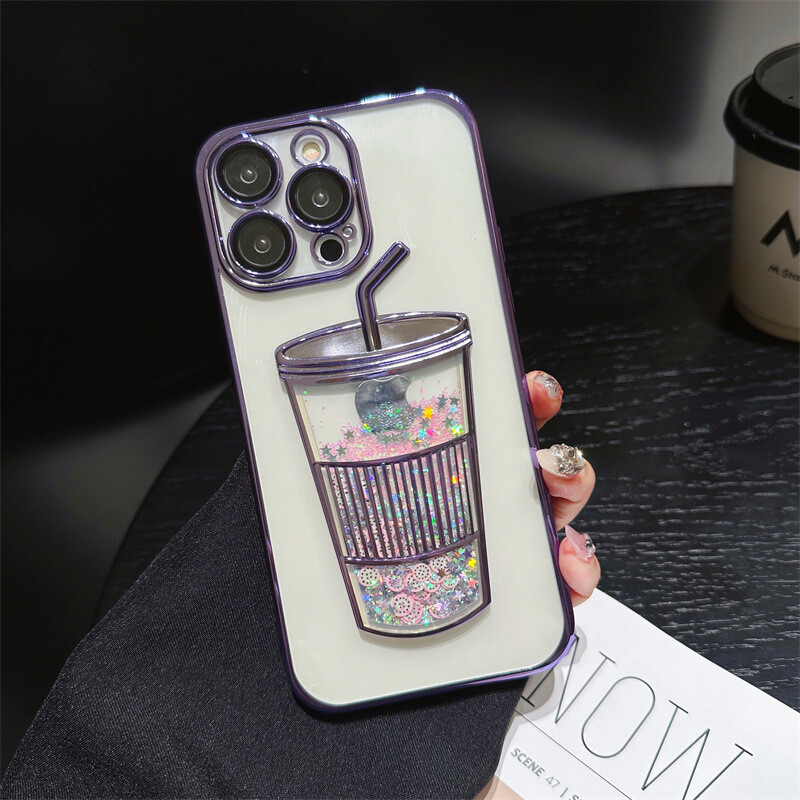 Electroplated Quicksand Drink Cup Transparent Soft Case With Lens Film iPhone Case, Color: Electroplating quicksand cup-purple, Models: Iphone 15promax