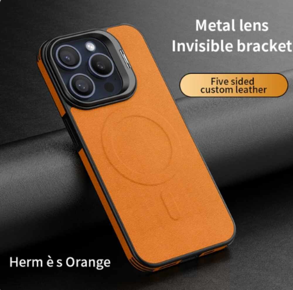 Leather Metal Lens Bracket Magnetic Phone Case, Color: Orange, Model: Apple 15promax