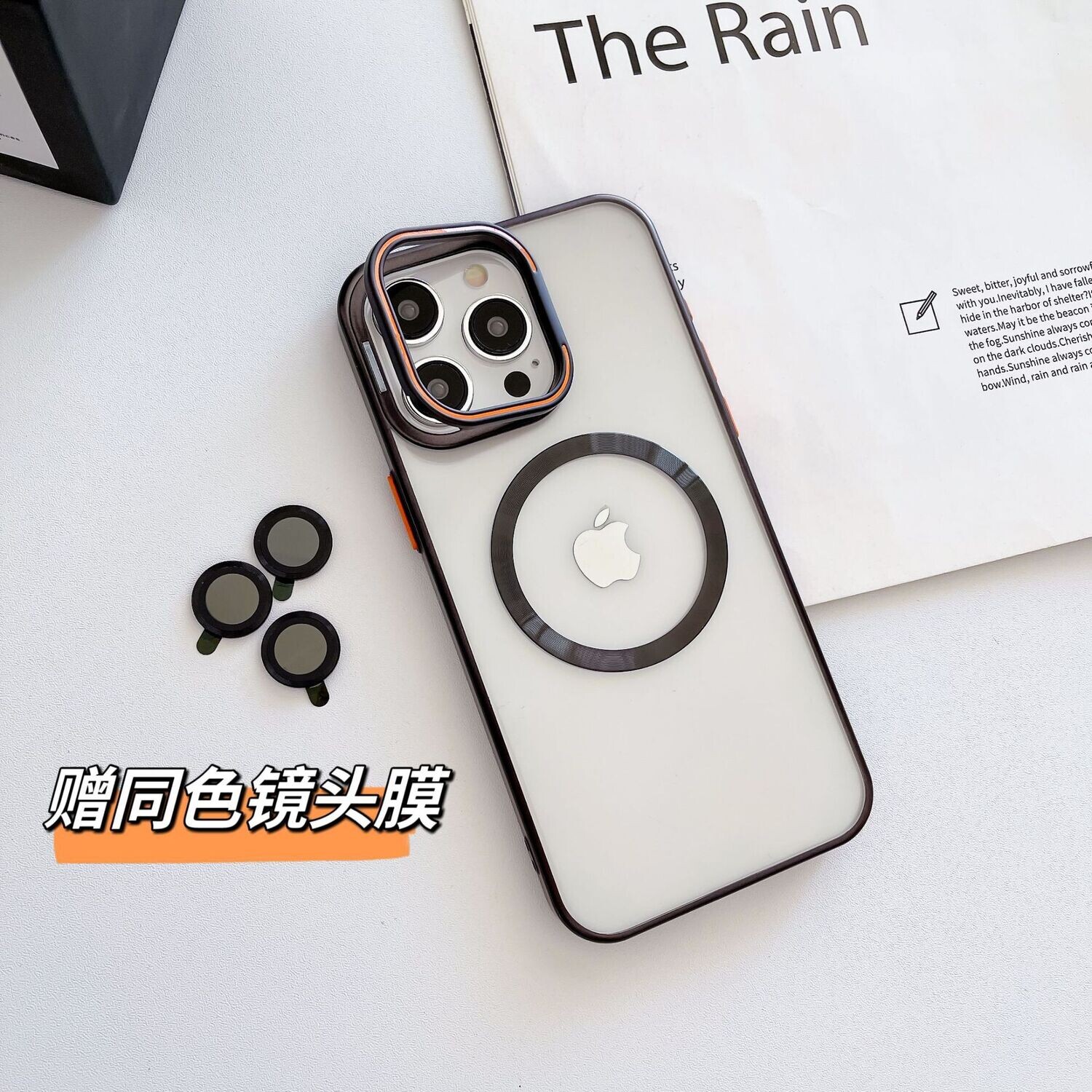 Transparent, Protective With Lens Bracket Anti-fall iPhone Case, Color: Magnetic model black [with same color lens], Models: iPhone15promax